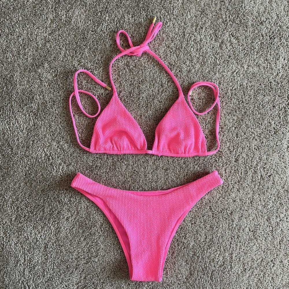 Monday Swimwear hot pink crinkle bikini, Palma top and Bryon bottom, size L